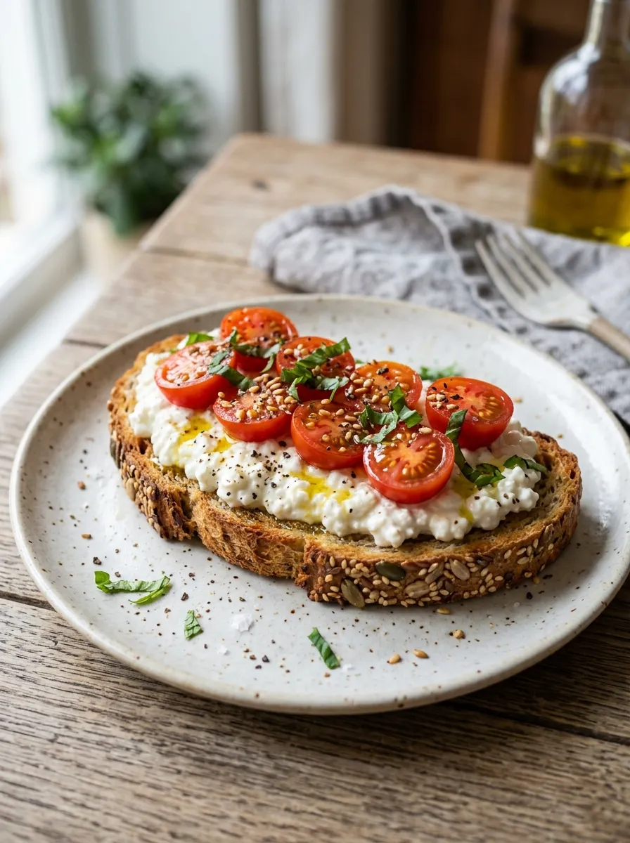 A slice of toasted whole grain bread topped with creamy cottage cheese