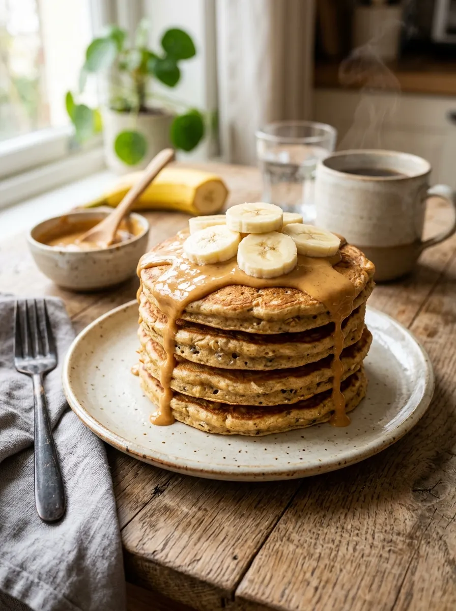 A stack of golden protein pancakes drizzled with melted peanut butter