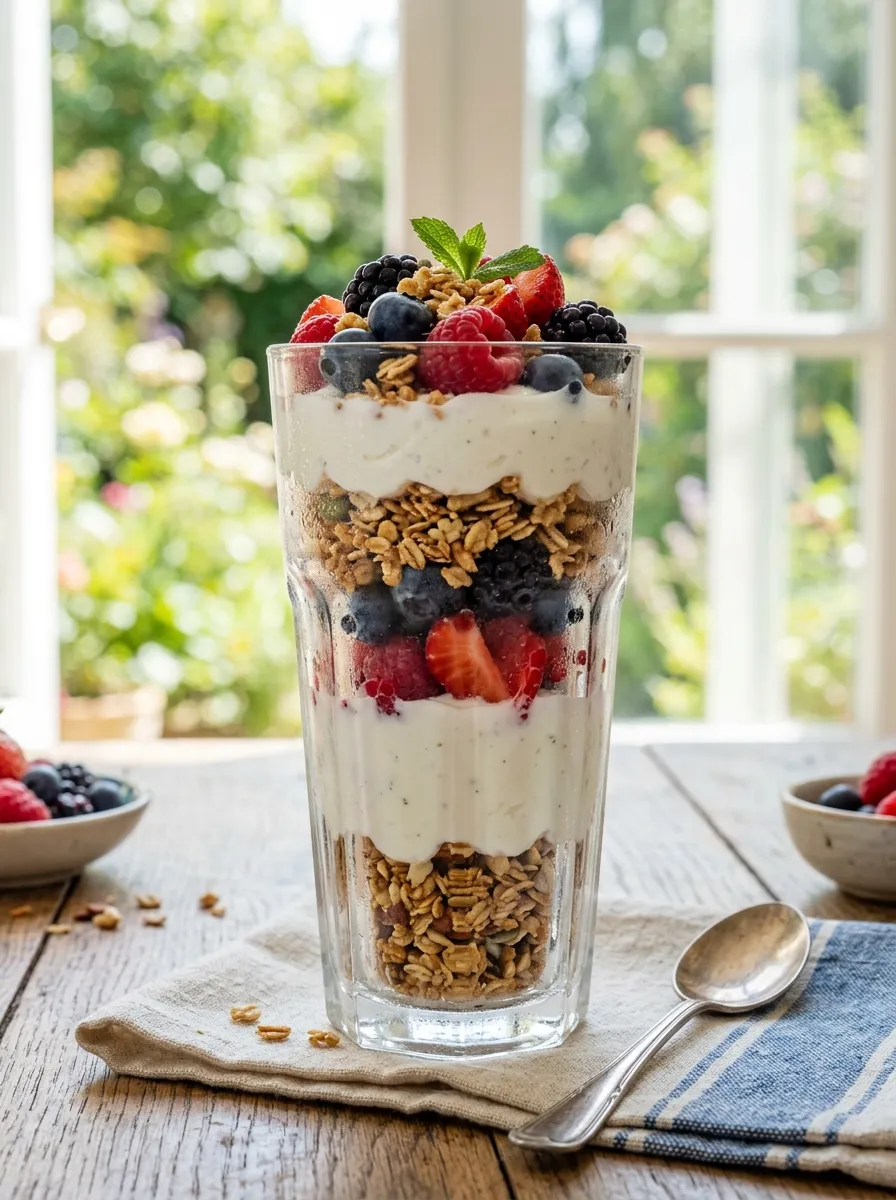 A tall glass parfait layered with thick Greek yogurt