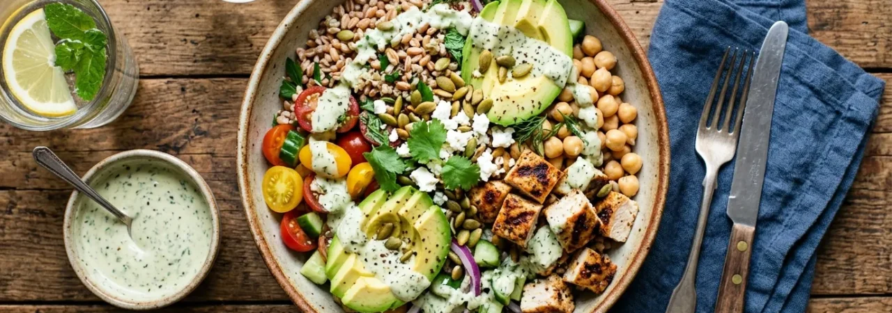 A vibrant grain salad with grilled chicken