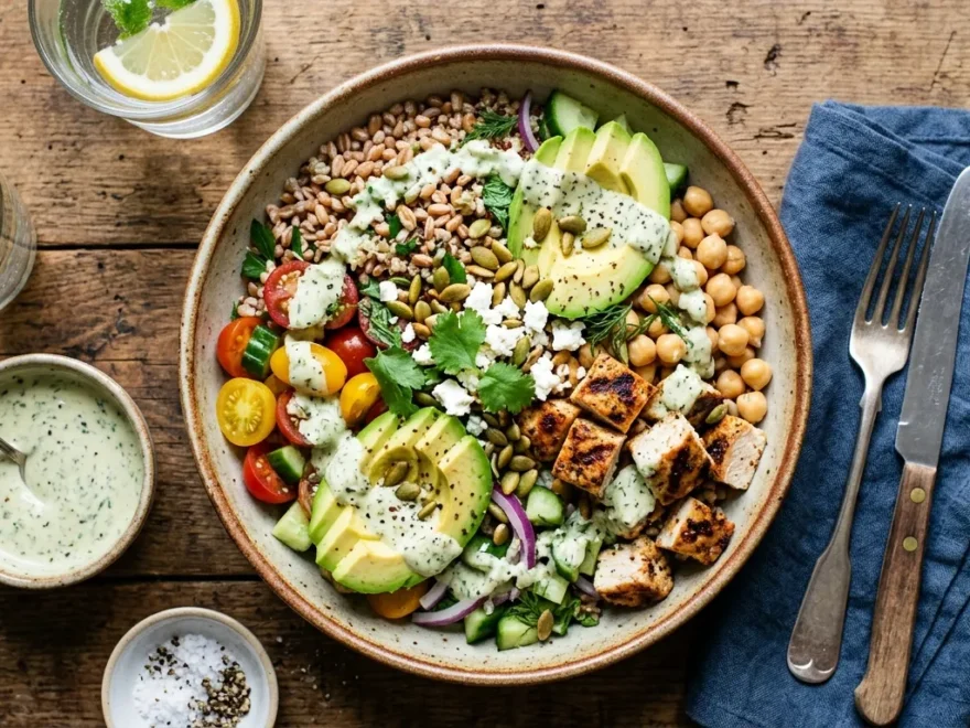 A vibrant grain salad with grilled chicken