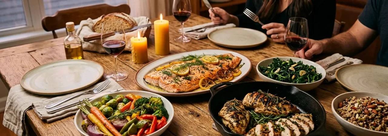 A warmly lit dinner table filled with an assortment of protein rich dishes