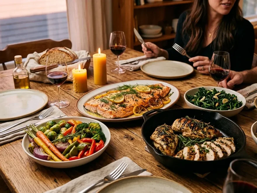 A warmly lit dinner table filled with an assortment of protein rich dishes