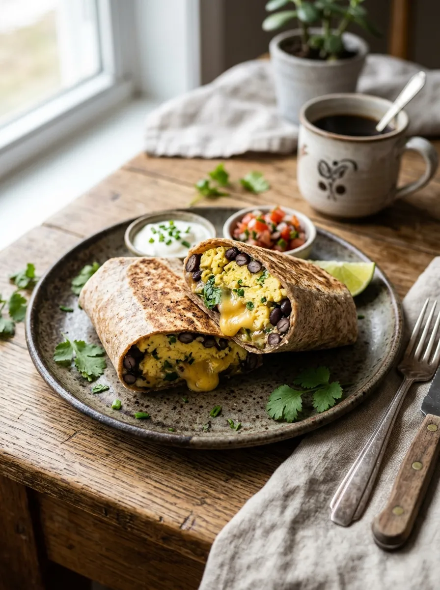A whole wheat tortilla wrapped around scrambled eggs