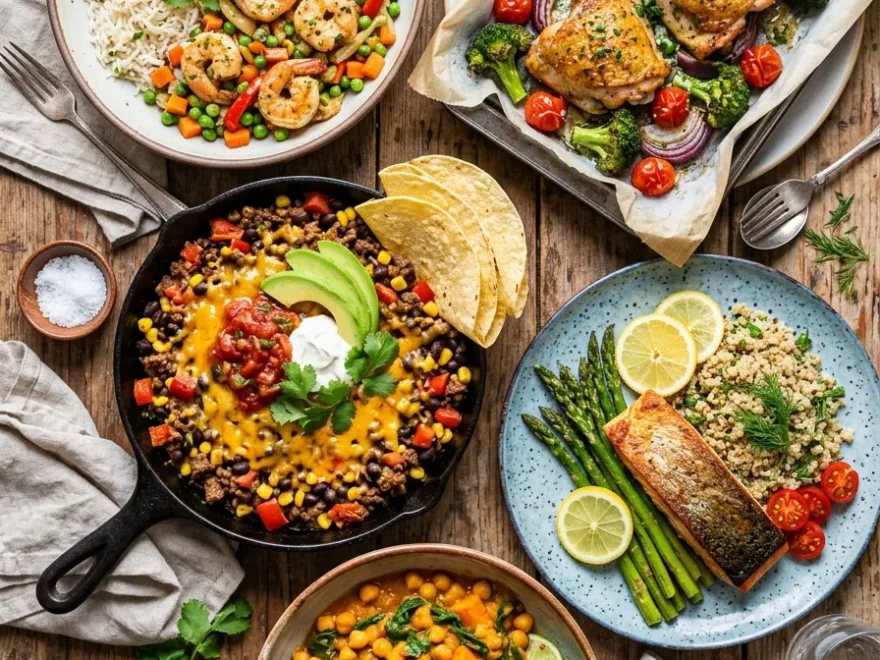 An overhead shot of five quick dinner plates arranged together