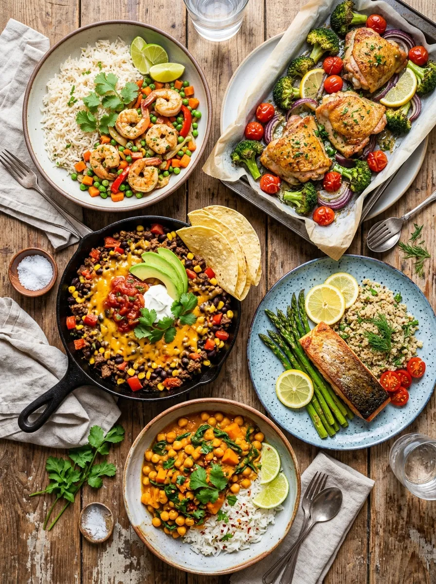 An overhead shot of five quick dinner plates arranged together