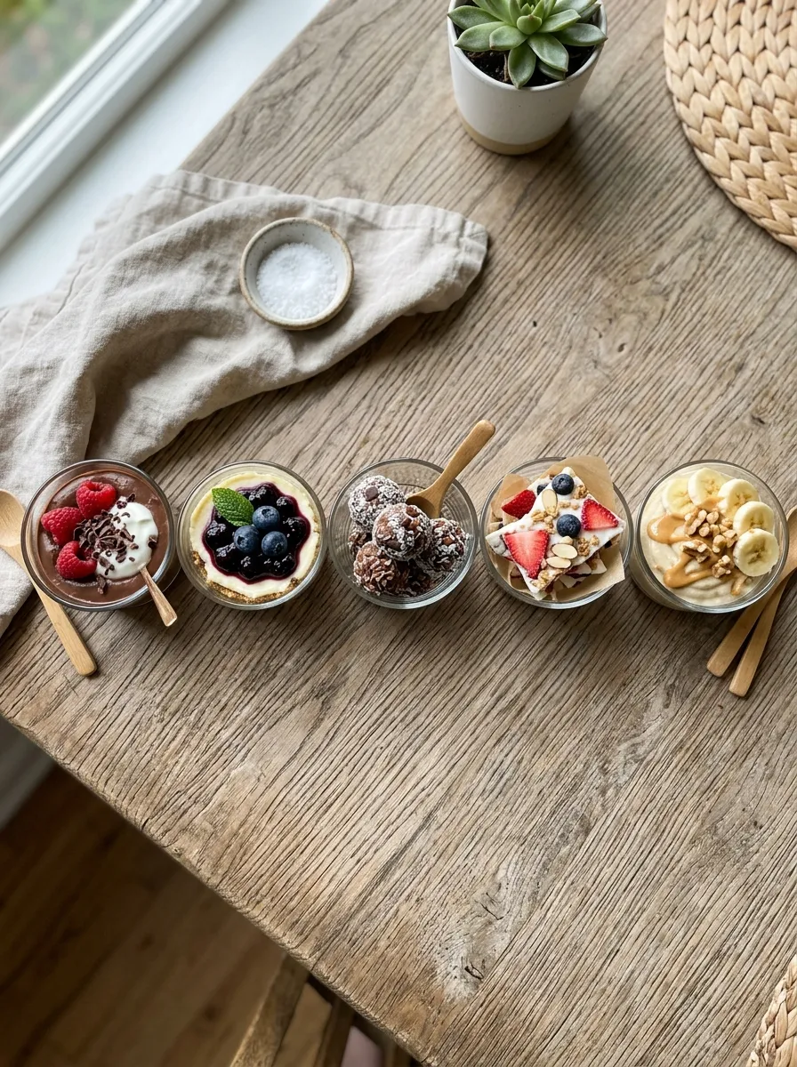 An overhead shot of five small dessert cups arranged on a table