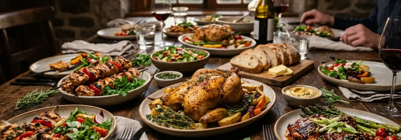 A rustic dinner table scattered with an assortment of chicken dishes