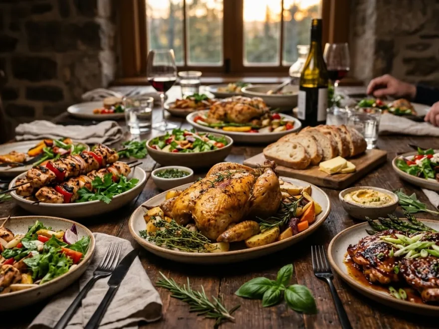 A rustic dinner table scattered with an assortment of chicken dishes