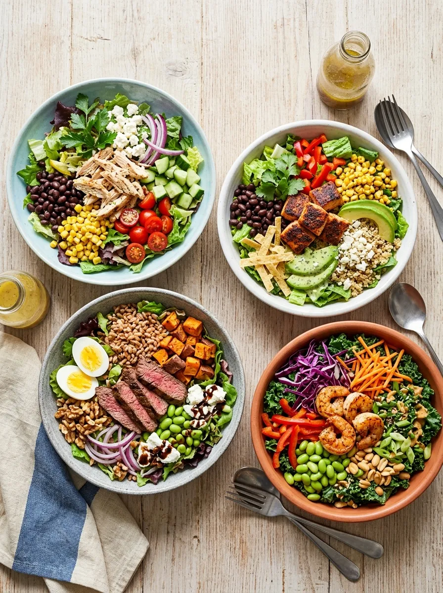 Four different high protein salads arranged side by side in bowls