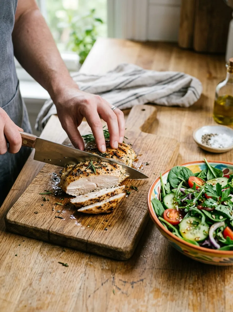 Grilled chicken breast being sliced on a cutting board