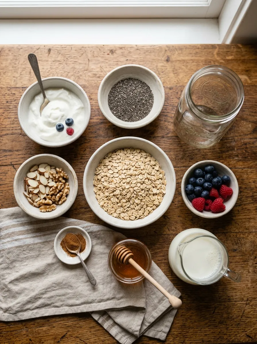 Ingredients for overnight oats laid out in small bowls
