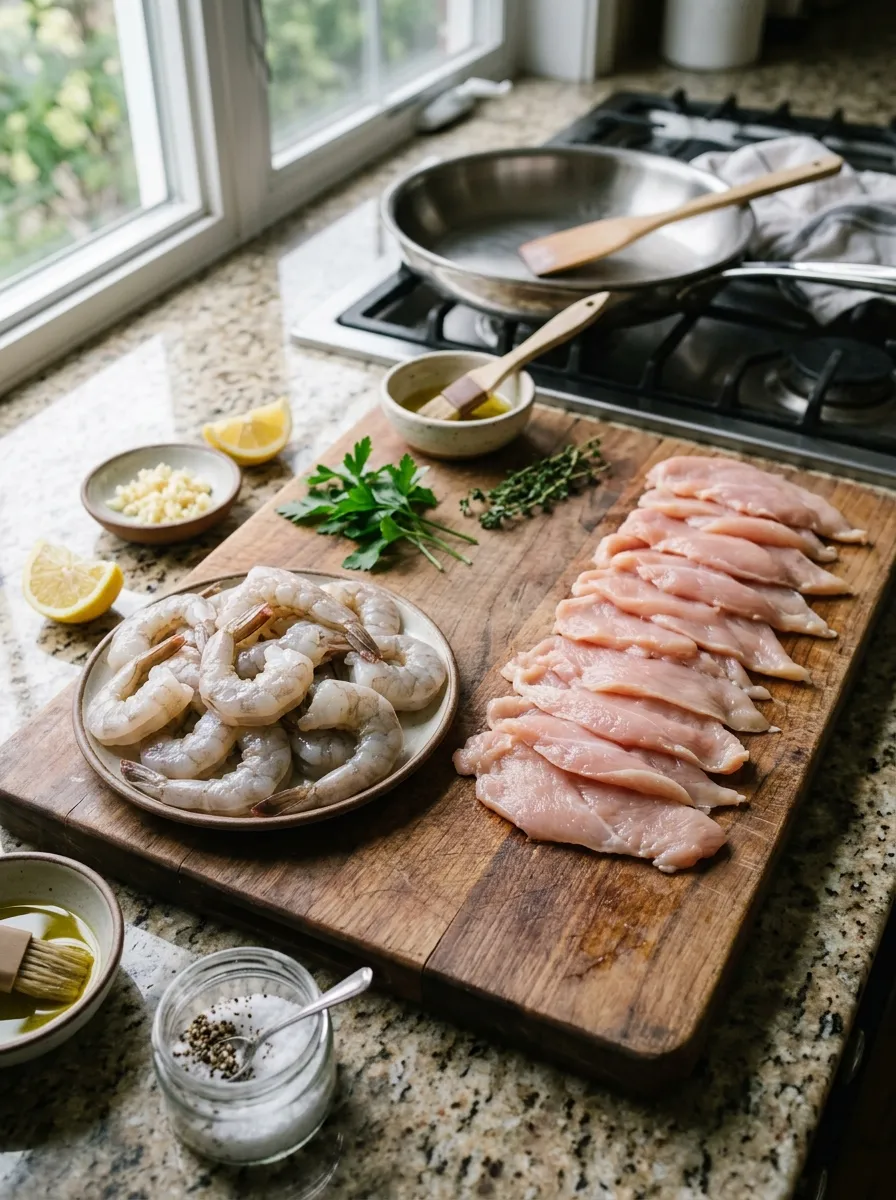 Raw shrimp and thinly sliced chicken cutlets arranged on a cutting board