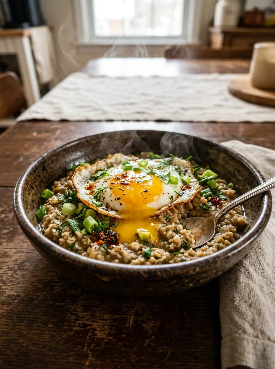 Savory Broth Oatmeal with Fried Egg