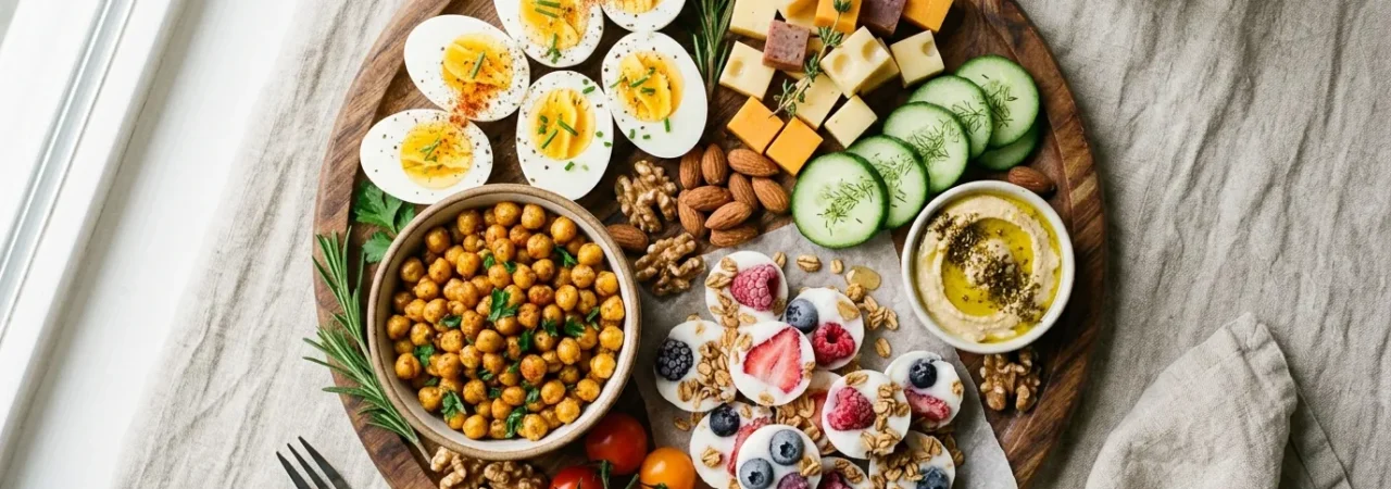 An overhead spread of colorful protein rich snacks,