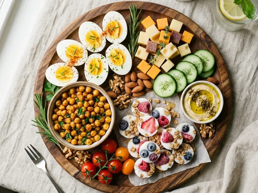 An overhead spread of colorful protein rich snacks,