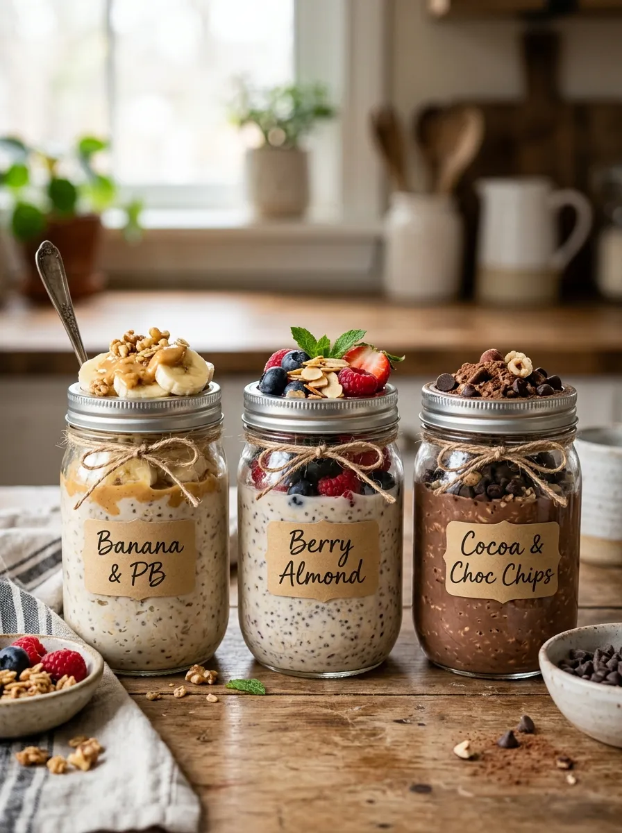 Three mason jars of overnight oats lined up with different toppings