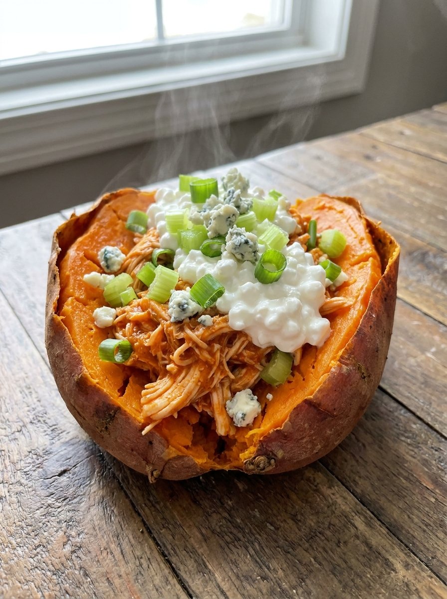 A baked sweet potato split open and topped with shredded buffalo chicken