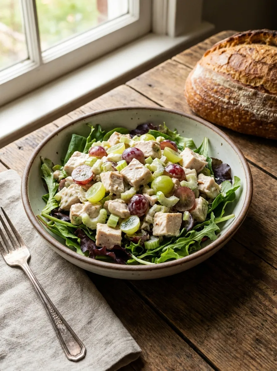 A bowl of creamy chicken salad with grapes and celery