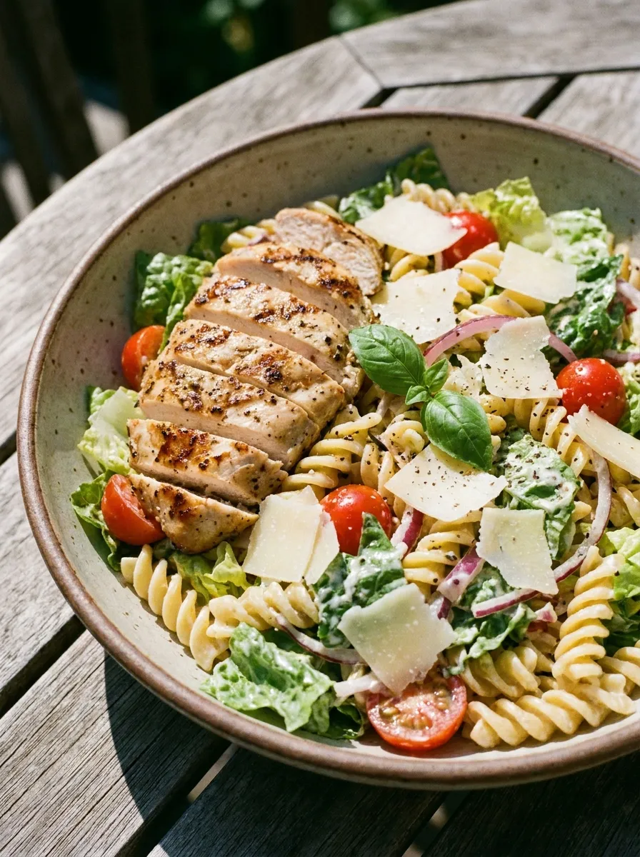 A bowl of pasta salad with grilled chicken