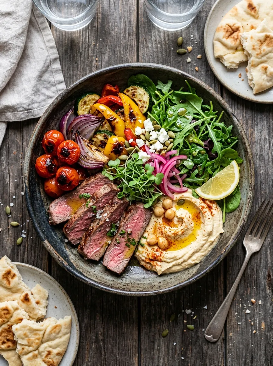A bowl with sliced steak, hummus, roasted vegetables, and greens
