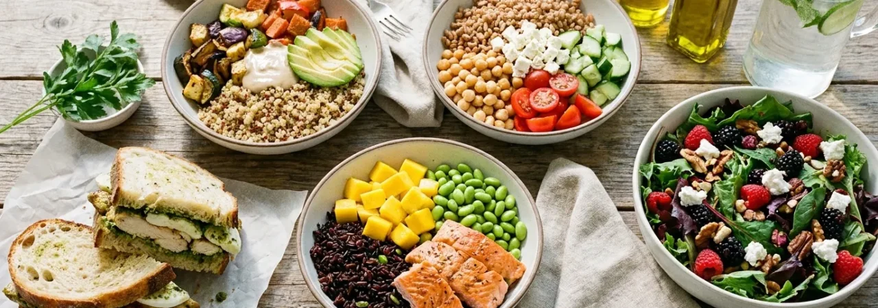 A bright lunch spread with colorful grain