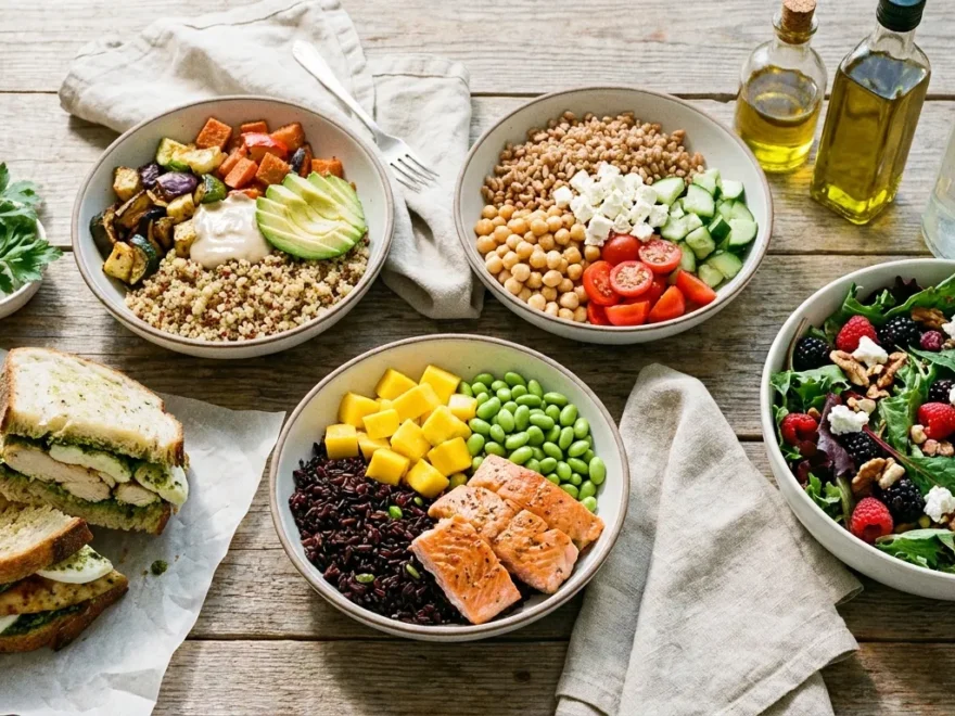 A bright lunch spread with colorful grain