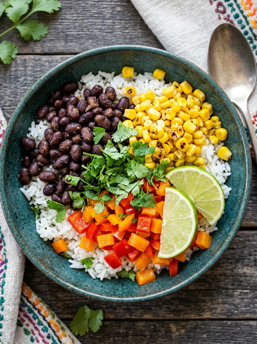 A colorful bowl of black beans, corn, and diced peppers over rice, garnished