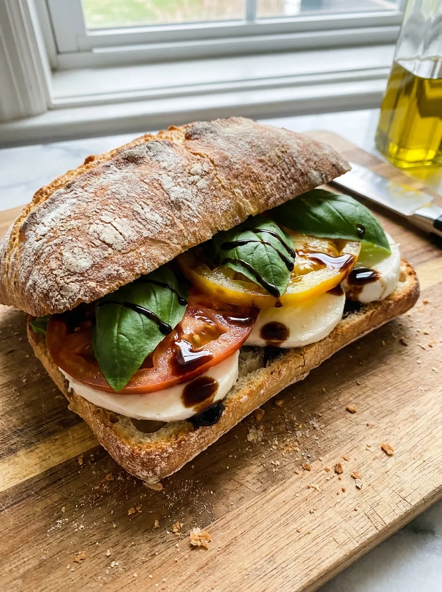 A crusty sandwich layered with fresh mozzarella, tomato, and basil, drizzled with balsamic glaze, natural light