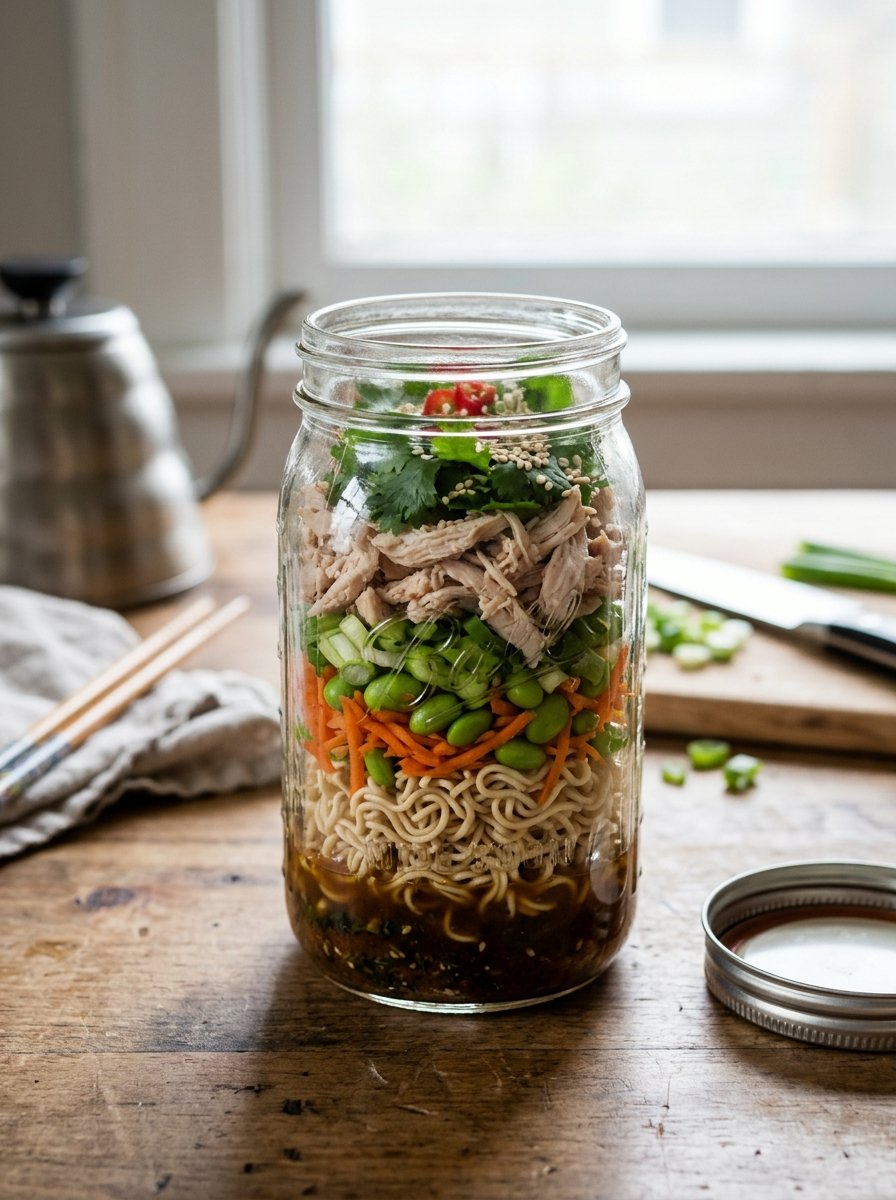 A mason jar layered with noodles, vegetables, and shredded chicken
