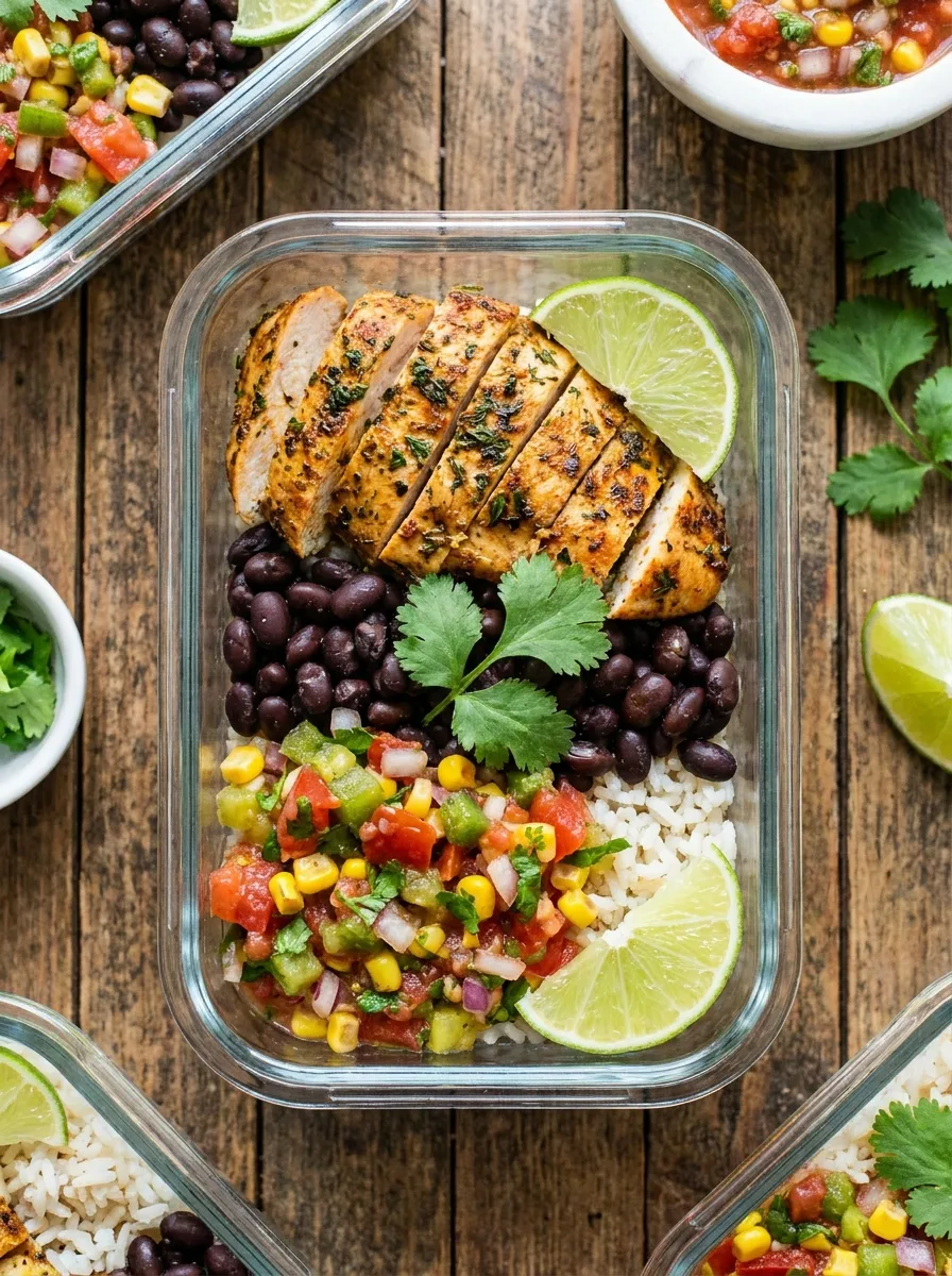 A meal prep container with seasoned chicken, black beans, rice, and salsa