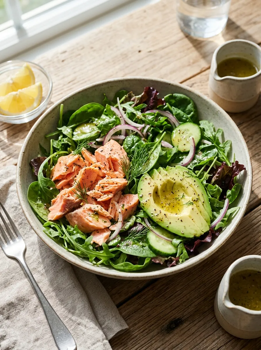A salad bowl with flaked salmon, avocado, and mixed greens, drizzled with lemon