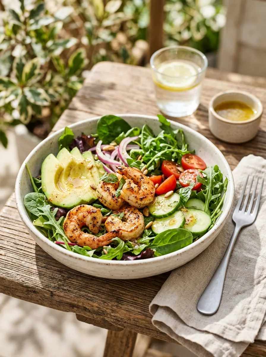 A salad bowl with grilled shrimp, avocado, and mixed greens, drizzled