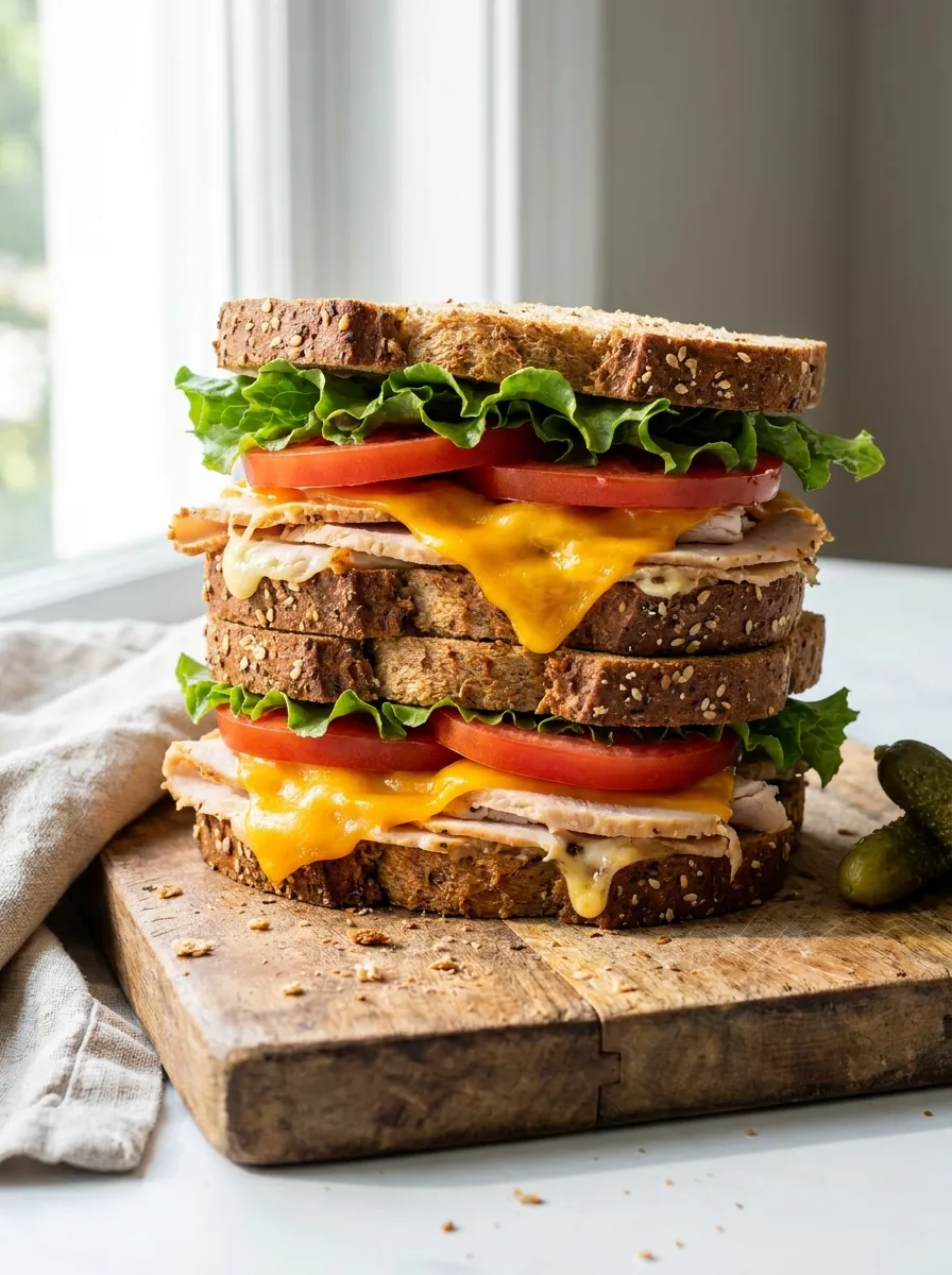A stacked turkey sandwich with cheddar cheese, tomato, and lettuce