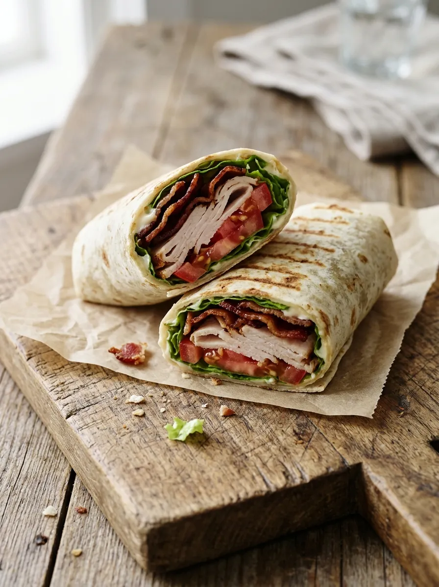 A wrap filled with turkey, bacon, lettuce, and tomato, sliced