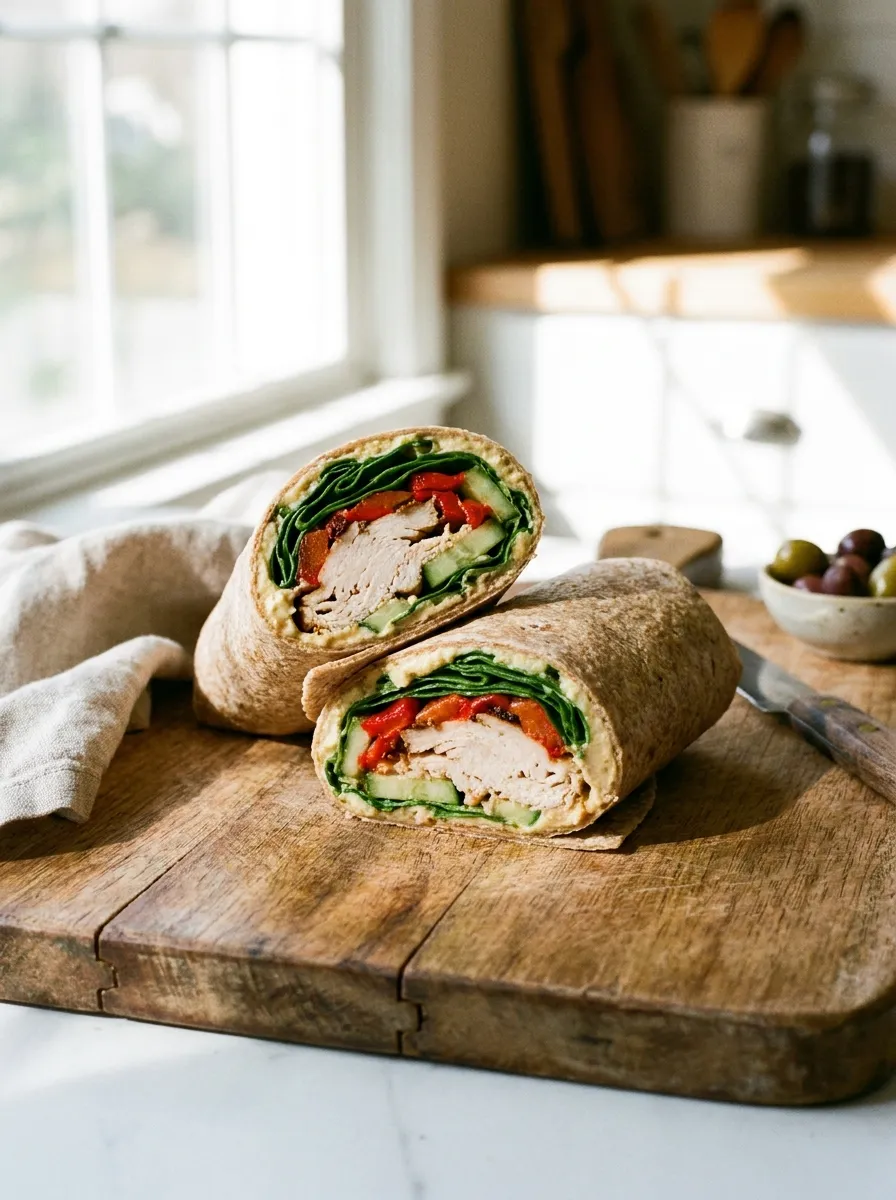 A wrap filled with turkey, hummus, and spinach, sliced