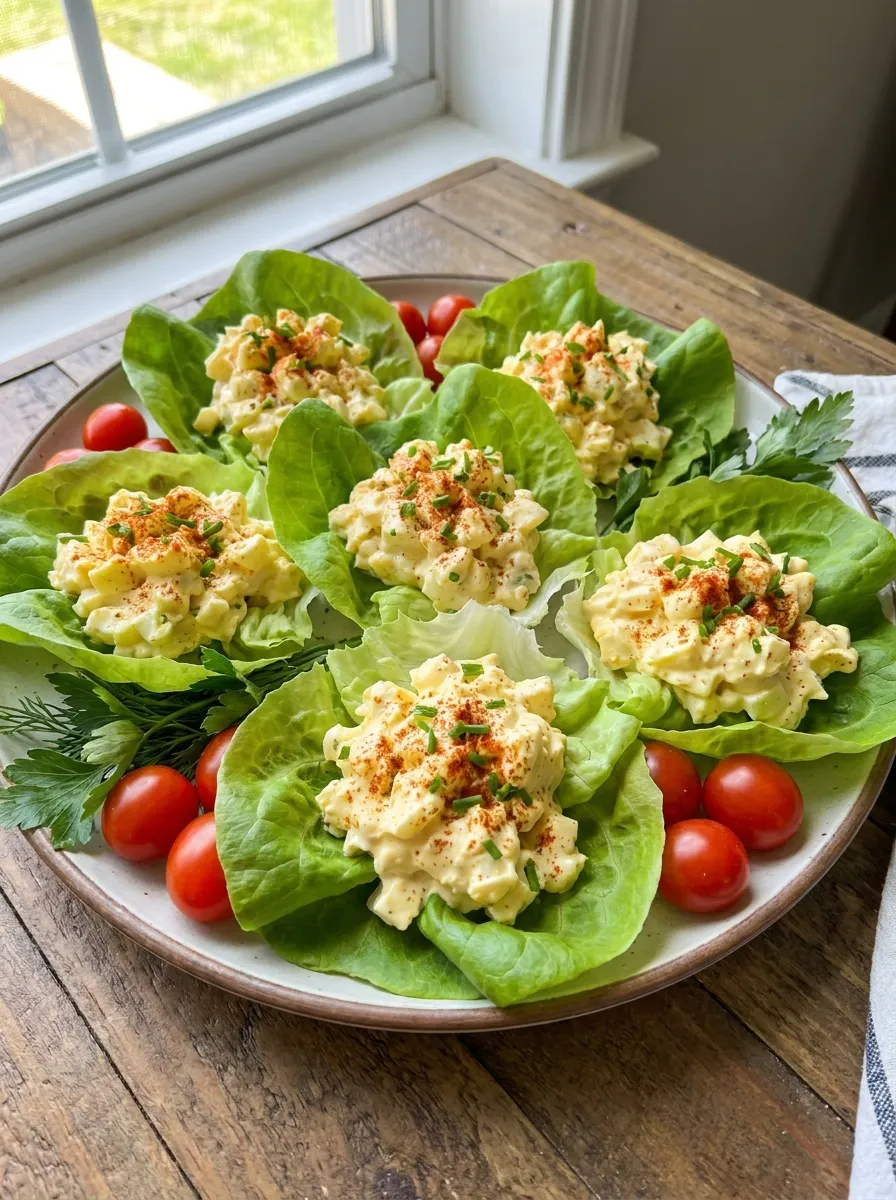 Lettuce cups filled with creamy egg salad, garnished with paprika, arranged