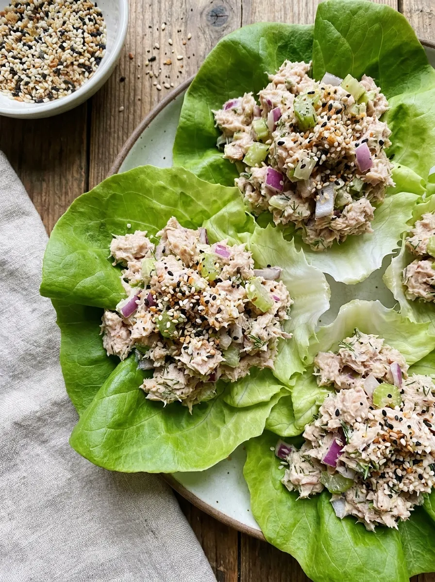 Lettuce cups filled with tuna salad, topped